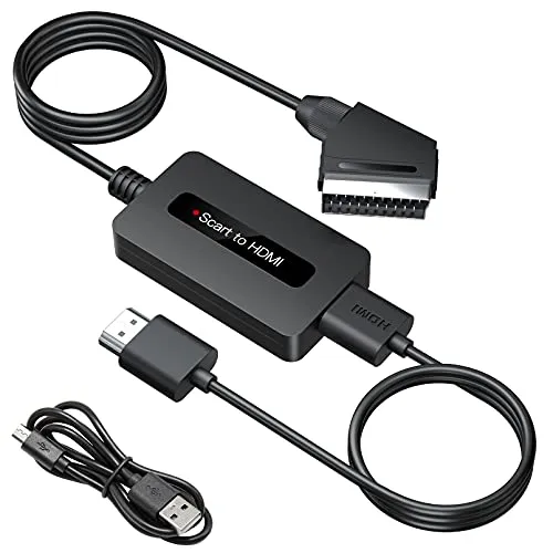 Scart auf HDMI Konverter mit Kabeln - Männlich Scart zu HDMI Adapter - Inklusive aller benötigten Kabel für sofortigen Einsatz. Wandelt analoge Scart-Signale in digitales HDMI um, ideal für HDTV und Monitore.