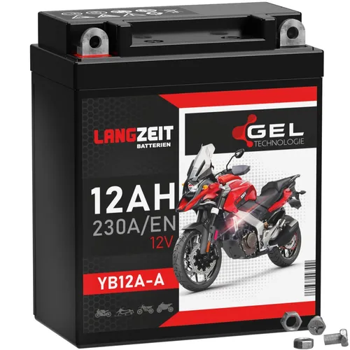 LANGZEIT YB12A-A Motorradbatterie GEL 12Ah 12V - Wartungsfreie Gel-Batterie für Motorräder mit 12Ah Kapazität, rüttelfest und ideal für zuverlässige Starts bei jedem Wetter.