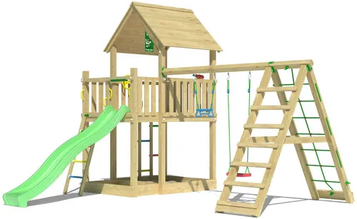 Jungle Gym Spielturm Majesty mit Schaukel und Rutsche - Multifunktionale Spielanlage für Kinder ab 3 Jahren. Fördert Motorik und Kreativität in sicherer Umgebung. Inklusive Wellenrutsche mit Wasseranschluss und integrierten Sandkasten. Hergestellt aus wetterbeständigem Holz.