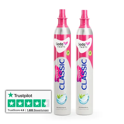 SodaTASTE Quick Classic CO2-Zylinder 2er-Pack für Wassersprudler - Praktischer 2er-Pack CO2-Zylinder für Wassersprudler mit Quick Connect System. Ideal für bis zu 120l sprudelndes Wasser, TÜV-geprüfte Qualität und umweltfreundliche Verpackung aus 100% Recyclingmaterial.