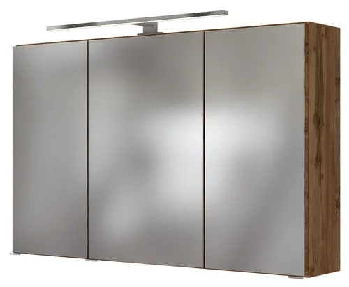Spiegelschrank Florida Eichefarben mit LED - Eleganter Spiegelschrank in Eichenfarben mit LED-Beleuchtung, ideal für Ihr Badezimmer. 3 Drehtüren mit Türdämpfung und 6 Einlegeböden bieten ausreichend Stauraum für Ihre Kosmetik.