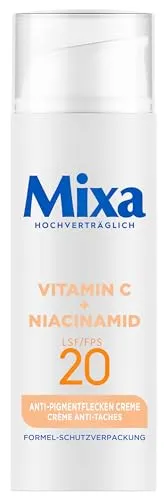 Mixa Anti-Pigmentflecken Creme mit UV-Schutz LSF 20 - 50 ml - Tagescreme für ungleichmäßige, müde Haut, mit Vitamin C und Niacinamid zur Milderung von Pigmentflecken und 48h Feuchtigkeit. Lichtschutzfaktor 20 schützt vor Hautalterung.