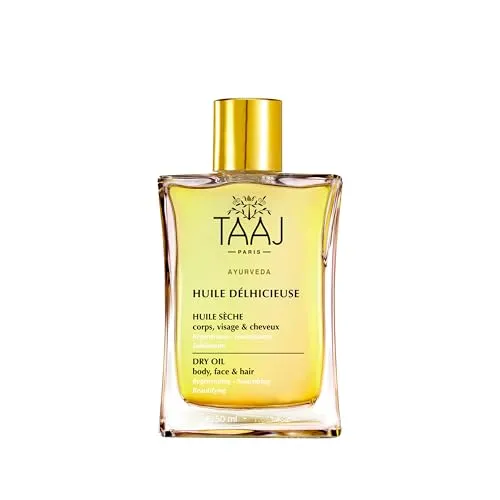 TAAJ | Huile Délhicieuse | Trockenes Schönheitsöl | Körper, Gesicht & Haare | Nährt, schützt & revitalisiert die Haut | Repariertes Haar | 96% Inhaltsstoffe natürlichen Ursprungs | Vegan | 100 ml