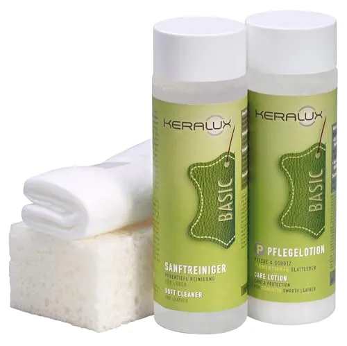 KERALUX 4-teiliges Pflegeset P für pigmentiertes Glattleder - Autopflege & Motorradpflege: Optimale Lederpflege mit 200 ml Reiniger und 200 ml Pflegelotion, empfohlen von führenden Polstermöbelherstellern.