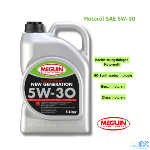 Motoröl Meguin 6513 megol New Generation SAE 5W-30 - Hochleistungsmotorenöl mit Low-SAPS-Technologie für maximale Lebensdauer und optimale Funktion von Dieselpartikelfiltern. Ideal für moderne Benzin- und Dieselmotoren, sorgt für niedrigen Verschleiß und lange Ölwechselintervalle.