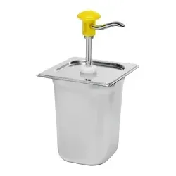 Gastro Inox Dosierspender mit Druckknopfbedienung, 3 Liter 503.106 , Maße (B x H x T): 165 x 320 x 180 mm, gelber Druckknopf