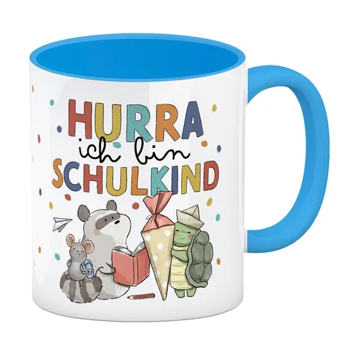 Tiere zur Einschulung Kaffeebecher in hellblau mit Spruch Hurra ich bin