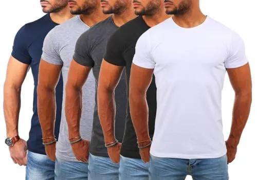 Young & Rich Herren Uni Basic T-Shirt Slimfit 5er Pack in Weiß/Schwarz/Grau/Dunkelgrau/Dunkelblau - Trendiges Basic T-Shirt mit Rundhalsausschnitt in 5 Farben. Bequeme Slimfit-Passform aus hochwertiger Baumwoll-Mischung für optimalen Tragekomfort.