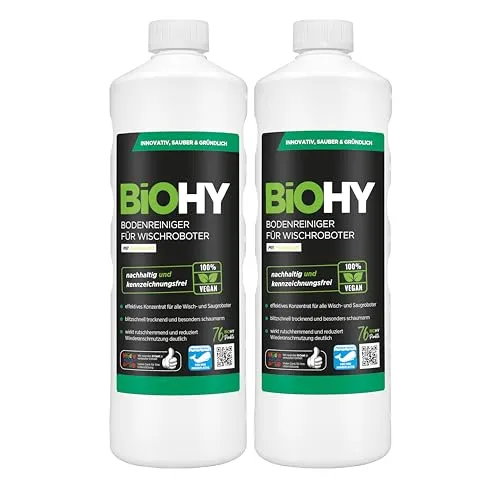 BiOHY Bodenreiniger für Wischroboter (2 x 1 liter) | Reinigungsmittel Konzentrat für alle Wisch & Saugroboter mit Nass-Funktion | Schaumarm & Streifenfrei | Für alle Böden