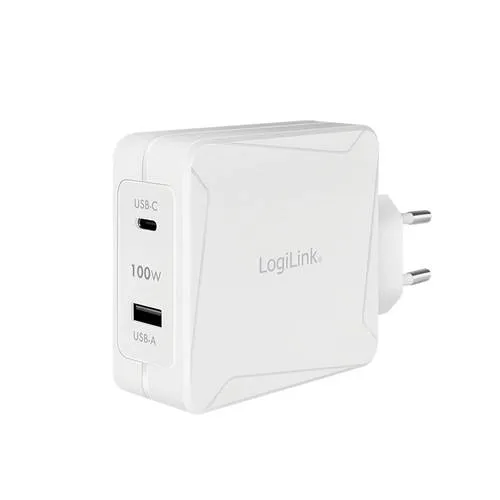 LogiLink GaN USB Steckdosenadapter - 1x USB-C mit PD, 1x USB-A, 100W max. Leistung, ideal für gleichzeitiges Laden von zwei Geräten und Reisen