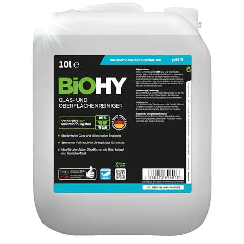 BiOHY Glas- und Oberflächenreiniger 10L - Streifenfreier Glanz - Reinigungsmittel für Fenster und Küche, konzentriertes Glasreiniger für effektive Fett- und Kalkentfernung, besonders ergiebig und ideal für den professionellen Einsatz.