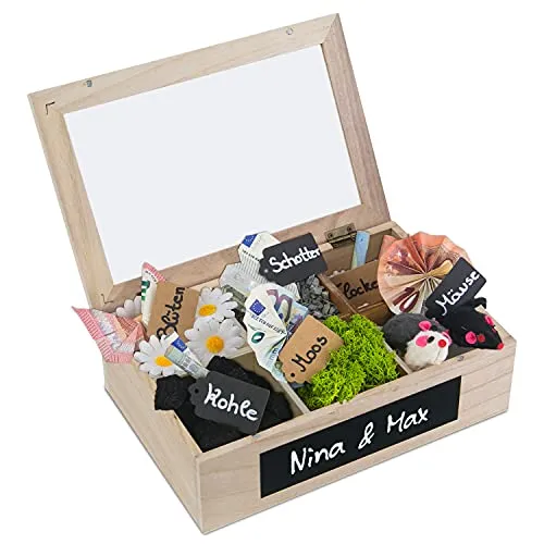 SURPRISA Schotter Schatulle 6er - kreative Geschenkbox aus Paulownienholz, ideal für Geldgeschenke zu Hochzeit und Geburtstag