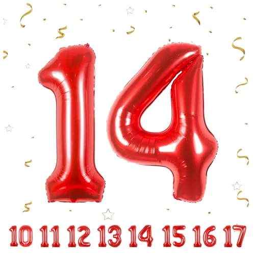 Geburtstag zahlen luftballon 14 jahre | Folienballon Rot- Folienballon in 40"-101cm Geburtstagsdeko - Ballon Zahl Deko zum Geburtstag fliegt mit Helium für Mädchen Junge 14.Geburtstags