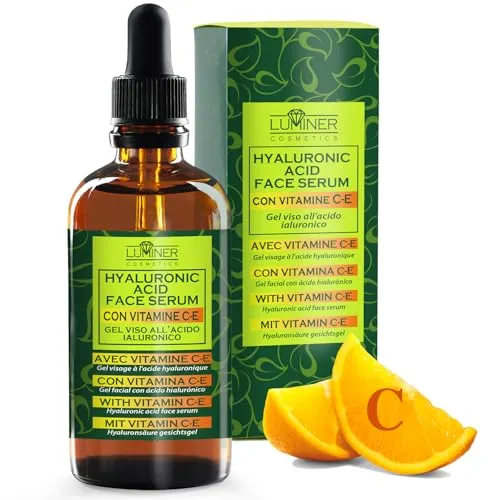 Luminer Hyaluron Serum 100ml – Hyaluron Serum Gesicht mit Vitamin C & E, Schneckenschleim und Aloe Vera – Feuchtigkeitsspendendes Anti‑Aging Gesichtsserum für alle Hauttypen – Made in Italy
