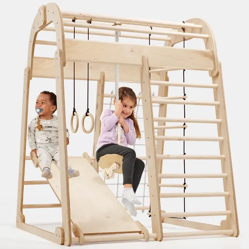 Goodevas Holz Klettergerüst für Kinder – Indoor & Outdoor Spielplatz - Montessori-inspiriertes Klettergerüst mit Rutsche, Schaukel und Kletterwand. Fördert Motorik und Kreativität, aus hochwertigen, kindersicheren Materialien für sicheres Spielvergnügen.