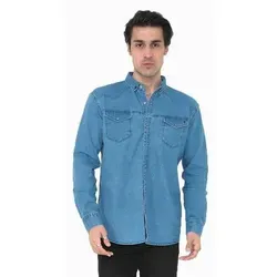 Premium Herren Hemd Basic Freizeithemd dickes Hemd Unifarben Langarm Slim-Fit 100% Baumwolle 3XL Jeansblau