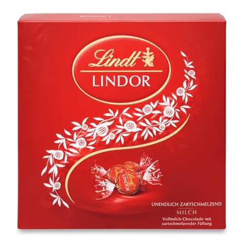 Lindt LINDOR Präsent Box Milch - 187 g - Vielfaltspackungen mit Pralinen, 14 Kugeln zartschmelzende Vollmilchschokolade in edler Präsent Edition – das perfekte Schokoladengeschenk für besondere Anlässe.