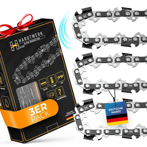 HARDTWERK Alpha Sägeketten 3er Pack für 35cm Schwert - Sägeketten für 35cm Schwert, 3x Halbmeißel, 3/8" Teilung, 1,1mm Treibgliedstärke – für maximale Schnittleistung und Langlebigkeit beim Arbeiten.