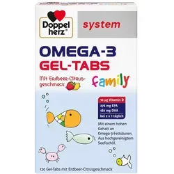 Doppelherz Omega-3 Gel-tabs Family Erdbeer-Citrus - Nahrungsergänzungsmittel für die ganze Familie, unterstützt die Omega-3-Versorgung mit fruchtig schmeckenden Gel-Tabs und Vitamin D für gesunde Knochen und Muskeln.