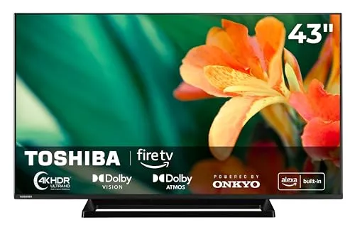 Toshiba 43 Zoll Smart TV 4K UHD mit Dolby Vision & Fire TV - Erleben Sie brillante 4K UHD Bilder und grenzenlose Unterhaltung mit Fire OS. Genießen Sie optimierten Sound durch Onkyo und steuern Sie Ihren TV bequem per Sprachbefehl.