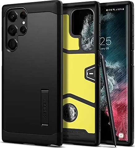 Spigen Tough Armor Hülle für Samsung Galaxy S22 Ultra - Schwarz - Standard Handyhüllen mit doppelschichtiger Schutzhülle, integriertem Kickstand und Air Cushion Technologie für optimalen Eckschutz.
