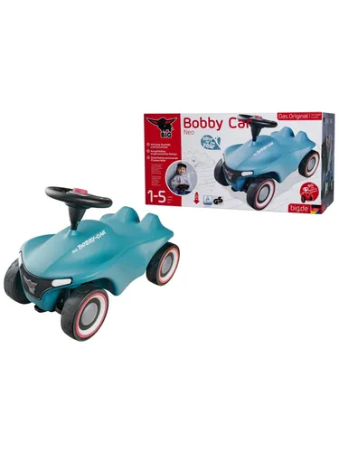 BIG Bobby Car Neo, türkis - Der moderne Klassiker mit ergonomischem Design, flüsterleisen Reifen und abnehmbarer Abschleppvorrichtung für kleine Rennfahrer ab 12 Monaten