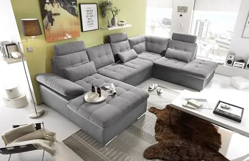 JAKARTA Wohnlandschaft in U-Form - Ausziehbares Sofa mit Schlaffunktion - Sofagarnituren - Modernes Design in hochwertiger Lederoptik, das sich perfekt in jeden Raum einfügt. Mit bequemer Schlaffunktion und praktischem Bettkasten für zusätzlichen Stauraum.