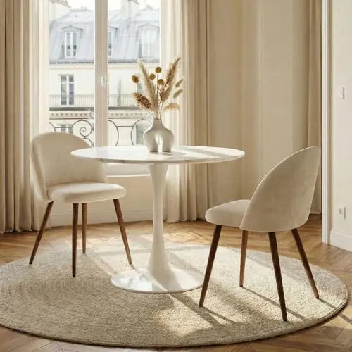 Essgruppe LOIRE/NAVIA mit runder Keramikplatte, Weiß/Beige - Esstisch mit 2 Stühlen, Tisch mit pflegeleichter Steinplatte, Polsterstühle Samtstoff, Esszimmermöbel für Küche und kleine Essbereiche