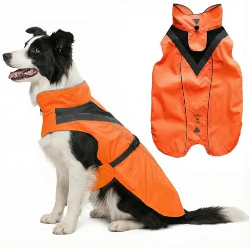 Lautus Pets Wasserdichter Hunderegenmantel, reflektierenden Sicherheitsstreifen & Leinenöffnung – Leichte, Jacke für mittelgroße Hunde - M, Orange