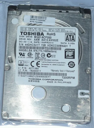 Toshiba MQ01ACF050 Festplatte 500GB 7200RPM - Interne 2,5" Festplatte mit 500GB Speicherkapazität, 7200 RPM und 16MB Cache. Ideal für Laptops und PCs, bietet zuverlässige Leistung bei niedrigem Geräuschpegel.