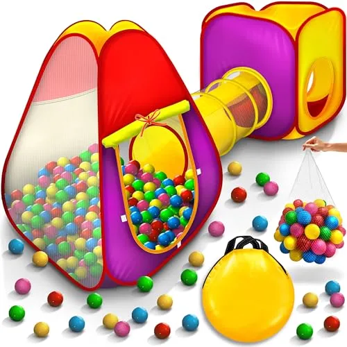 KIDUKU Spielzelt 3-teiliges Bällebad - Spielzelte für drinnen und draußen, inklusive Krabbeltunnel und 200 bunten Bällen – perfekter Spielspaß für Kinder ab 3 Jahren!
