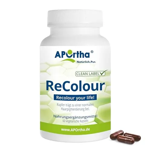 APOrtha® ReColour - 60 vegetarische Kapseln mit Melanin - Haarfarben: Re-Pigmentierung von grauem Haar mit 650 mg hochwertigem Melatine pro Tagesverzehr. Fördert natürliche Haarfarbe und ist frei von unerwünschten Zusatzstoffen.