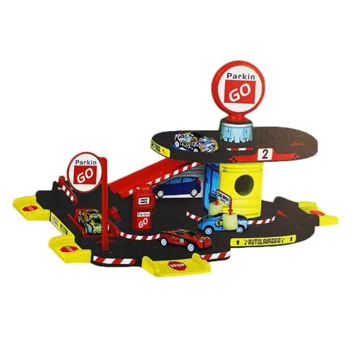 Kinder Spielzeug-Garage – 2 Etagen – Mit Auto, Schranke & Waschanlage – Inkl. Verkehrsschilder – ca. 47 x 24 x 35,5 cm