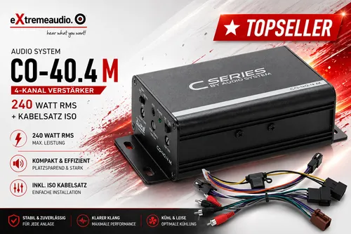 Audio System CO-40.4 M 4-Kanal Verstärker 240 Watt RMS - Verstärker für kraftvollen Sound, 4 Kanäle mit regelbarem Hoch- und Tiefpassfilter, ideal für Universal-Fahrzeuge.