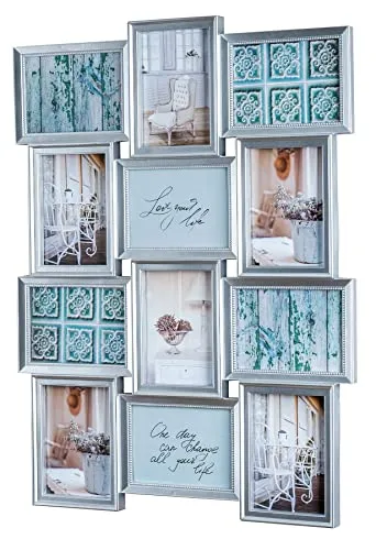 Levandeo® Bilderrahmen Collage 54x72cm - Bilderrahmen Collage für 12 Fotos 13x18cm, elegantes silbernes Antik-Design mit Glas, ideal zur Gestaltung deiner Erinnerungen.