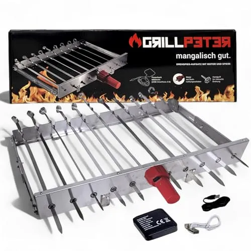 Grillpeter Schaschlikspieße mit Motor Powerbank - Grillspieße für 9 Spieße, motorisiert und ideal für gleichmäßiges Grillen ohne Aufwand.