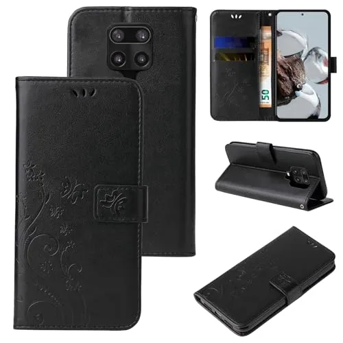 LBH Handy Hülle für Xiaomi Redmi Note 9 Pro Case Handytasche Schmetterling Blumen Flower Standfunktion Schutzhülle Magnet Rundum Schutz 360 Grad Flipcase Cover Schwarz