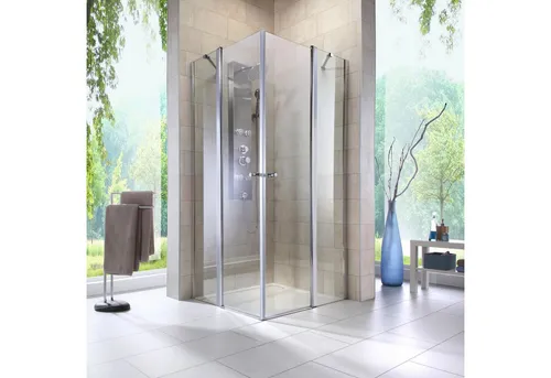 welltime Eckdusche Florenz 4.2 – Barrierefreie Duschkabine mit Hebe-Senk-Mechanismus - Duschkabine 90x90 cm aus Sicherheitsglas, ideal für barrierefreien Zugang und komfortables Duschen, inklusive eleganter Drehtüren in Silber.