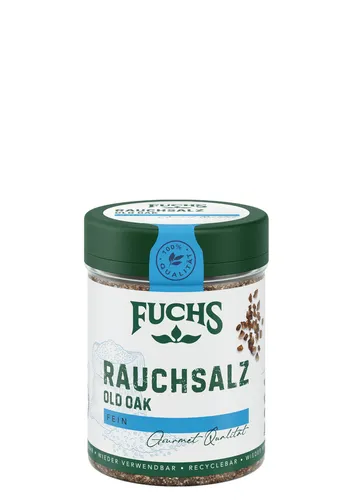 Fuchs Gewürze Rauchsalz "Old Oak" 100 g - Ungemahlene Kräuter & Gewürze, über Eichenholz geräuchert für intensiven rauchigen Geschmack, perfekt für Grillfleisch und Fisch, in umweltfreundlicher, recyclebarer Dose.