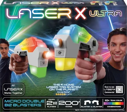 Laser X Ultra Micro Double B2 Blasters - Outdoor-Spielzeug mit bis zu 60 Metern Reichweite, beeindruckenden Sound- und Lichteffekten und der Möglichkeit, mit über 20 Spielern zu spielen! Perfekt für spannende Battles im Freien.