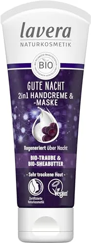 Lavera Gute Nacht 2in1 Handcreme und Maske - Handpflege für geschmeidige Hände über Nacht: Die regenerierende Formel mit Bio-Traube und Bio-Sheabutter pflegt intensiv, während du schläfst – für ein schönes Gefühl am Morgen.