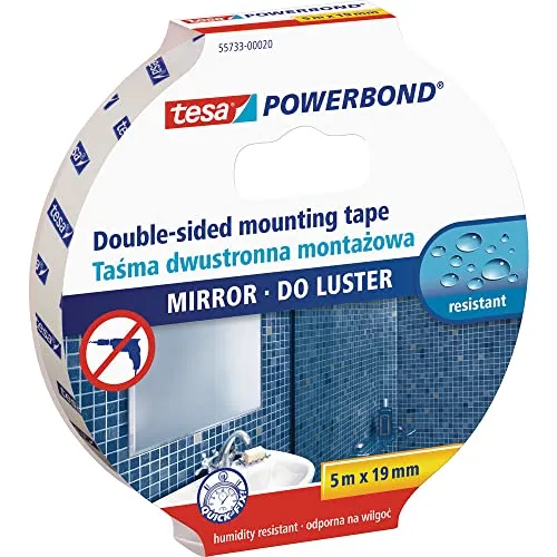 tesa Powerbond Mirror - Doppelseitiges Montageband für Spiegel - feuchtigkeitsbeständiges Klebeband für Badezimmer und Dusche - 5m x 19mm