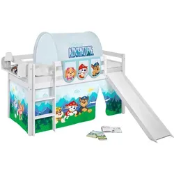 Lilokids Hochbett JELLE mit Rutsche und PAW PATROL Vorhang - Hochbett für Kinder ab 6 Jahren mit Rutsche und einem farbenfrohen PAW PATROL Vorhang, ideal für kreatives Spielen und sicheres Schlafen.