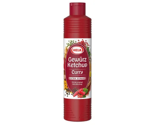 Hela Curry Gewürz Ketchup extra scharf 800ml - Ketchup mit intensiven Curry-Aromen, ideal für Liebhaber scharfer Saucen und perfekt zum Verfeinern von Gerichten.