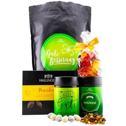 Hallingers Genuss Manufaktur Feinkost Geschenk-Set - XXL-Wundertüte "Gute Besserung" großer Genesungsgruß Nougat-Mandeln, Tee, Tafel Schoki & Fruchtsaftbären, Geschenkidee für Frauen Männer