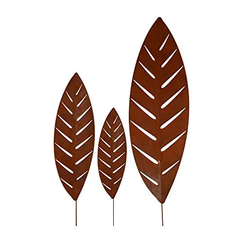 UNUS Gartenstecker Palmblatt 3er Set - Gartenstatuen aus hochwertigem Edelrost-Metall, wetterfest und langlebig – ideal für kreative Dekorationen im Garten, auf Terrasse oder Balkon.