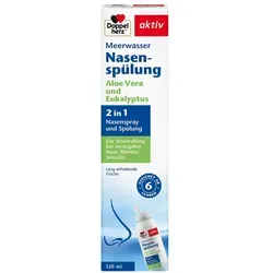 Doppelherz Meerwasser Nasenspülung - Effektive Nasenspülung mit hypertonischer Meerwasserlösung, die die Nasengänge reinigt und befeuchtet. Angenehmes Aroma durch Eukalyptus und zusätzliche Pflege mit Aloe Vera.