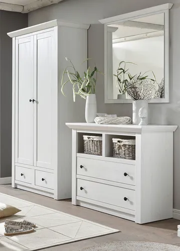 Furn.Design Garderoben-Set Hooge, 3-teilig in Pinie weiß - Drohnen-Garderobe im modernen Landhausstil, flexibel einteilbar mit variablen Fächern und pflegeleichten Oberflächen für eine stilvolle Aufbewahrung.