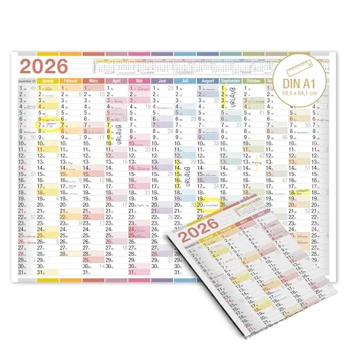 TOBJA A1 Wandkalender 2026 XXL Bunter Jahresplaner für Büro & Homeoffice 14 Monate Großformat 59x84 cm Kalender 2026 Wandkalender DIN A1 mit extra viel Platz für Termine & Notizen