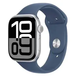 Apple Watch Series 10 46mm Aluminium Silber mit Sportarmband Denim - M/L - Smartwatch für Herren und Damen, mit großem OLED Display, EKG und Blutsauerstoffmessung. Ideal für Fitness und Alltag, wasserfest bis 50m.